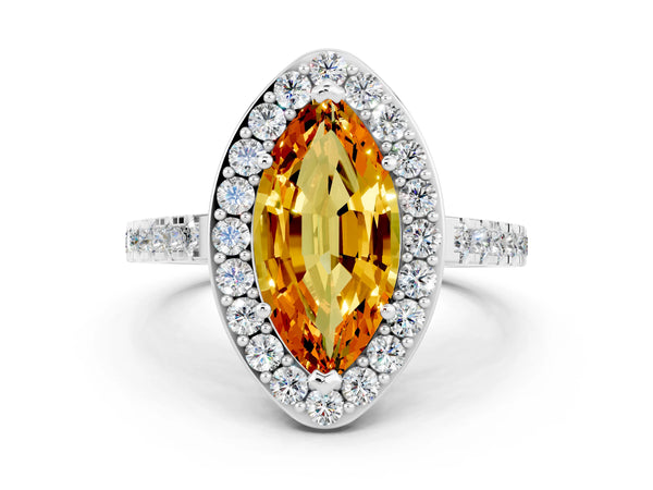 Platinum Marquise Cut Citrine Halo Ring with Round Pavé Split Shank and Prong Setting