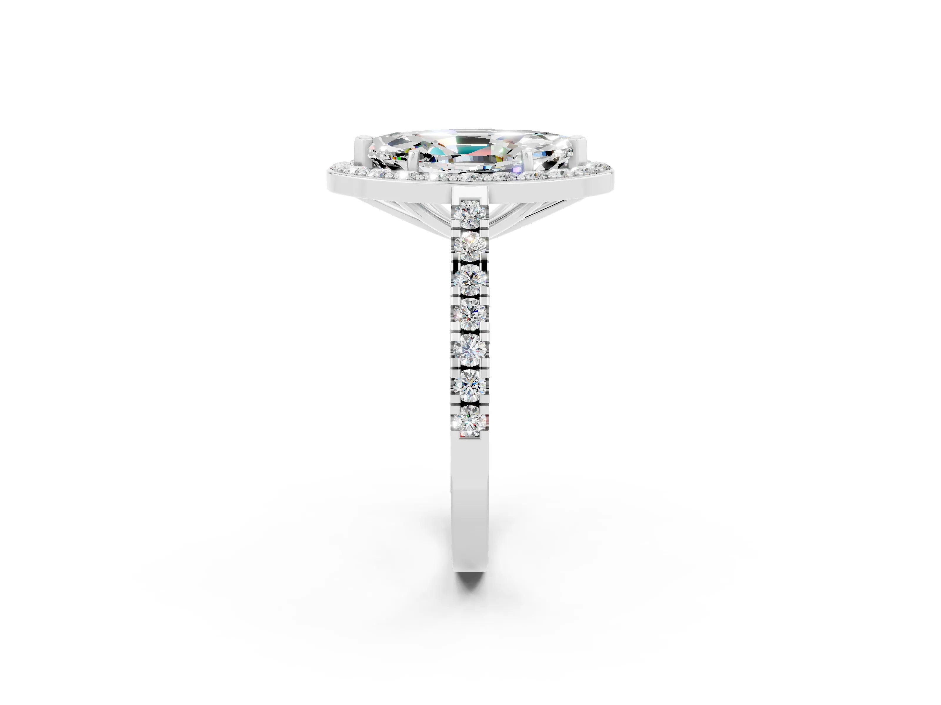 White gold Marquise Cut Halo Diamond Ring with Pavé Band and Three-Prong Setting_24