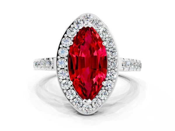 White gold Marquise Cut Ruby Halo Ring with Round Pavé Split Shank and Prong Setting