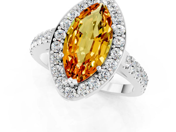 Platinum Marquise Cut Citrine Halo Ring with Round Pavé Split Shank and Prong Setting