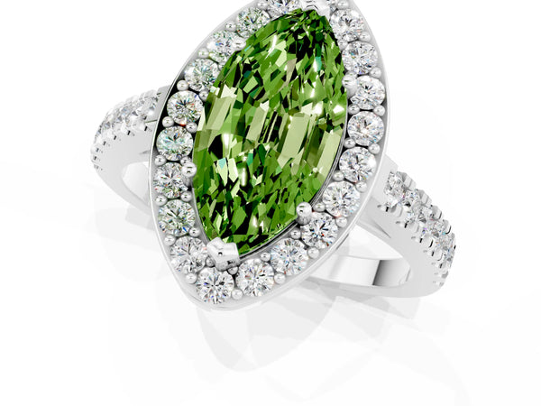 Platinum Marquise Cut Halo Diamond Ring with Pavé Band and Three-Prong Setting