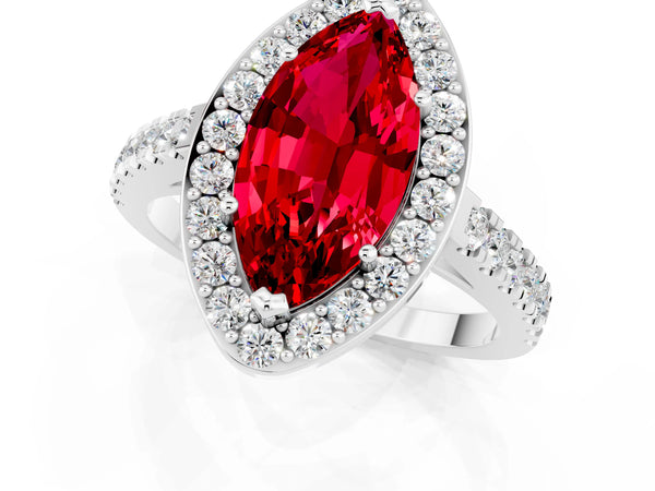 White gold Marquise Cut Ruby Halo Ring with Round Pavé Split Shank and Prong Setting
