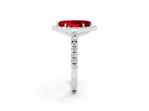 White gold Marquise Cut Ruby Halo Ring with Round Pavé Split Shank and Prong Setting