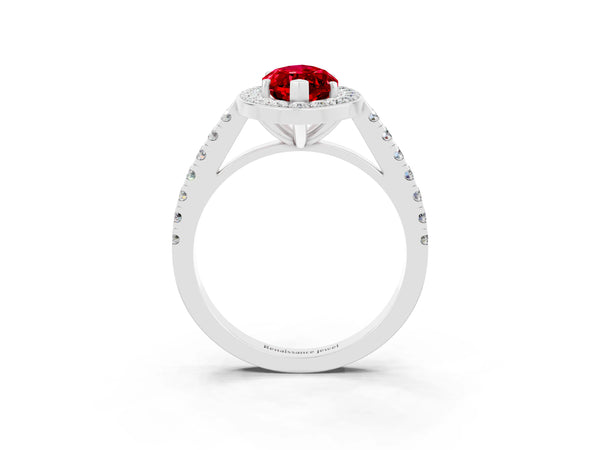 White gold Marquise Cut Ruby Halo Ring with Round Pavé Split Shank and Prong Setting