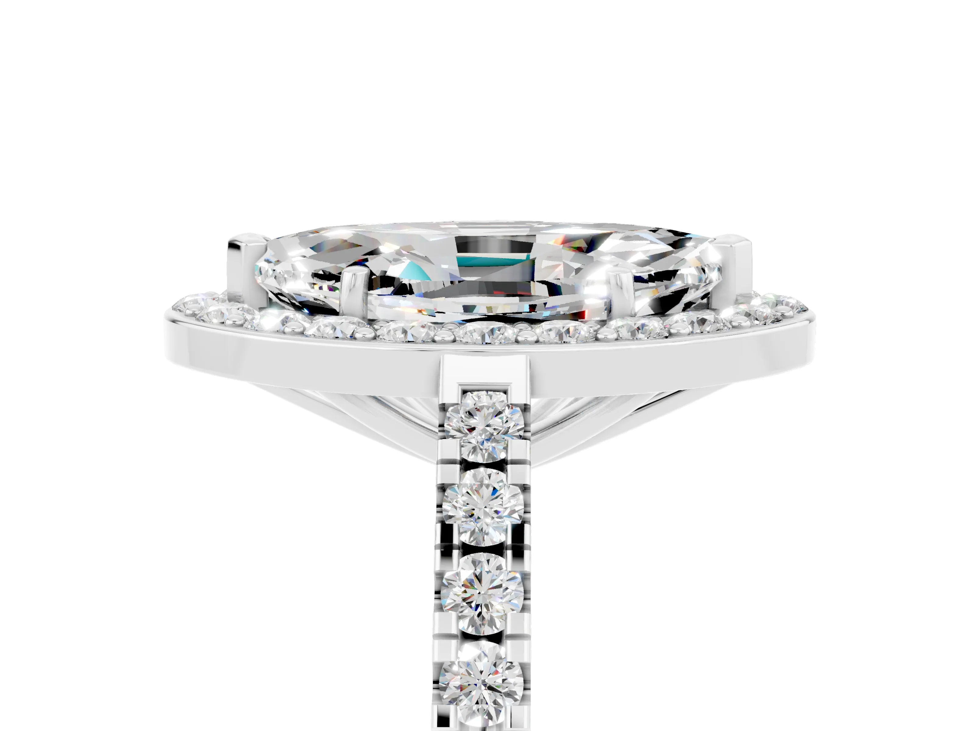 White gold Marquise Cut Halo Diamond Ring with Pavé Band and Three-Prong Setting_27