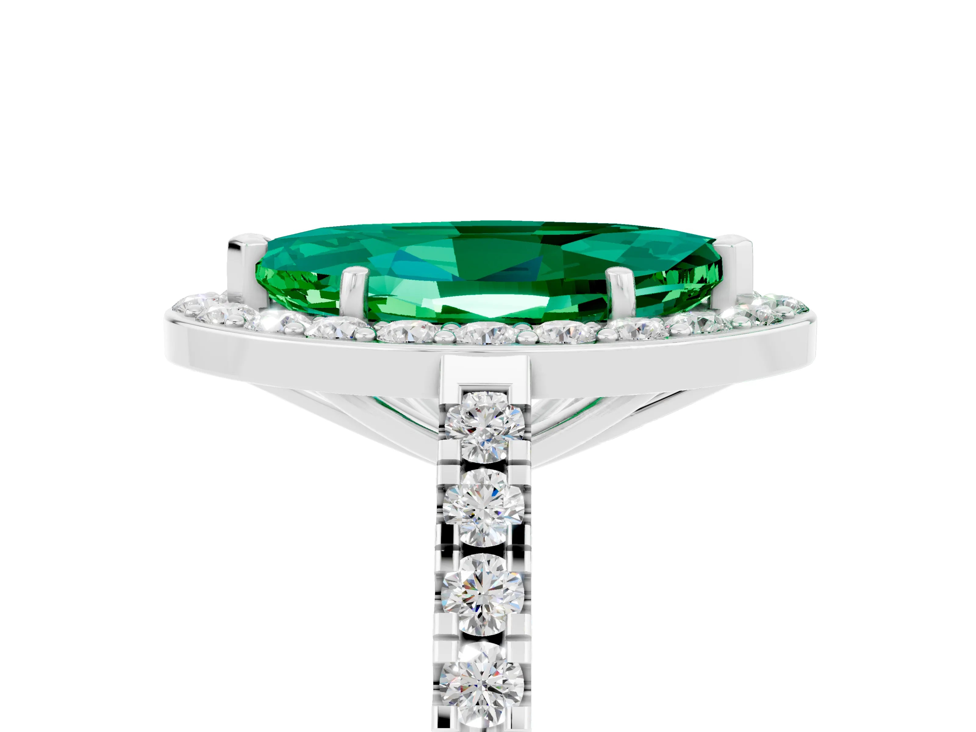 White gold Marquise Cut Halo Diamond Ring with Pavé Band and Three-Prong Setting_27