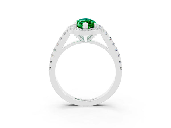 White gold Marquise Cut Emerald Halo Ring with Round Pavé Split Shank and Prong Setting