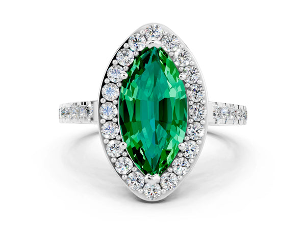 Silver Marquise Cut Emerald Halo Ring with Round Pavé Split Shank and Prong Setting