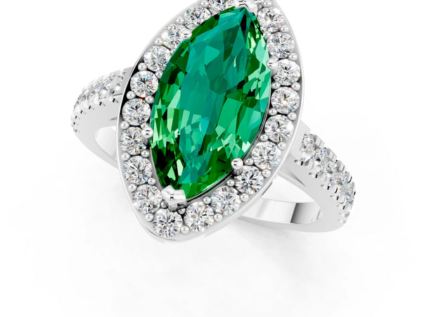 Silver Marquise Cut Emerald Halo Ring with Round Pavé Split Shank and Prong Setting