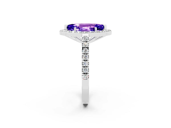 White gold Marquise Cut Tanzanite Halo Ring with Round Pavé Split Shank and Prong Setting