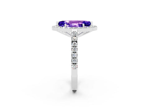 White gold Marquise Cut Halo Diamond Ring with Pavé Band and Three-Prong Setting_2