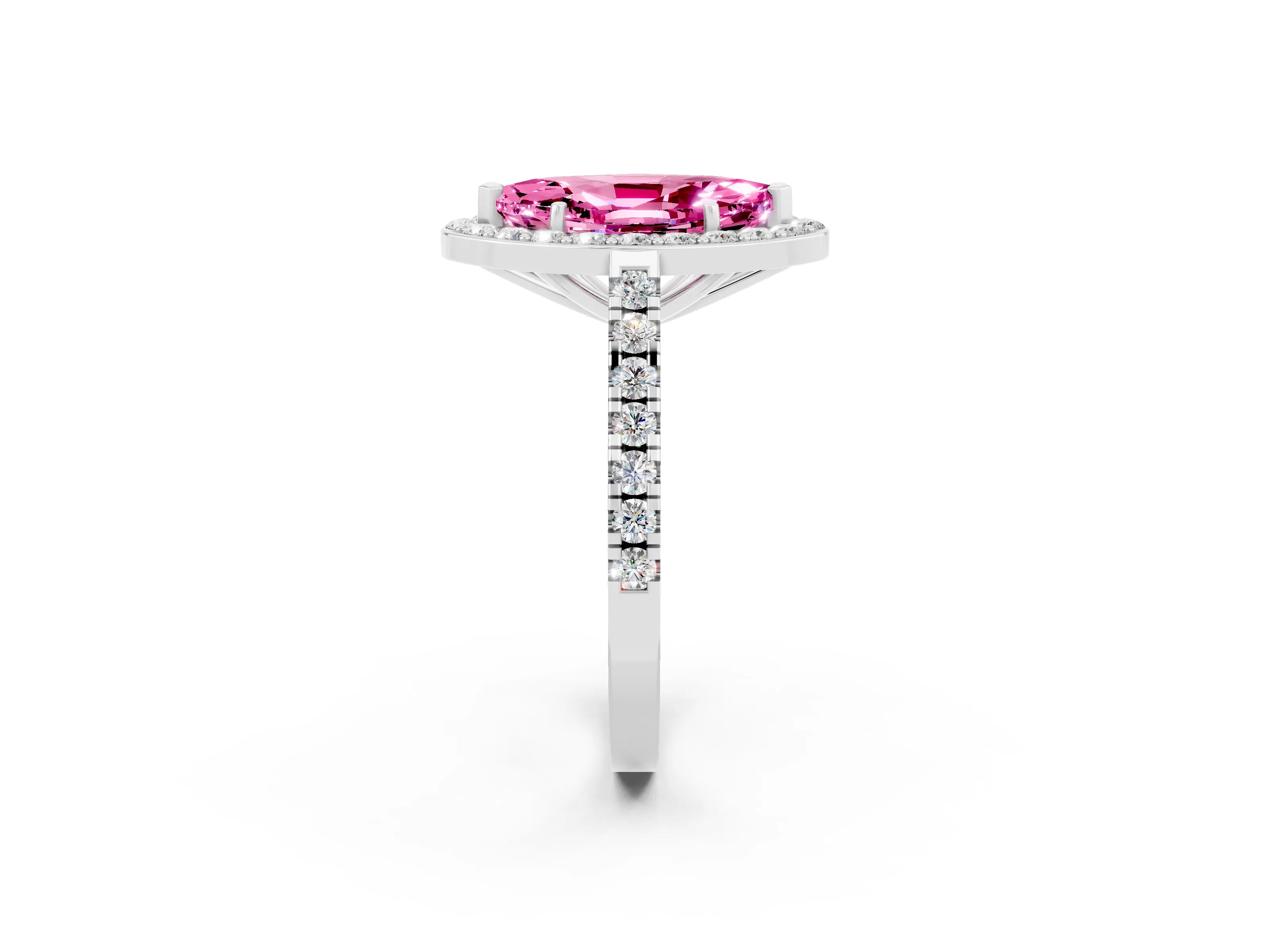 White gold Marquise Cut Halo Diamond Ring with Pavé Band and Three-Prong Setting_2