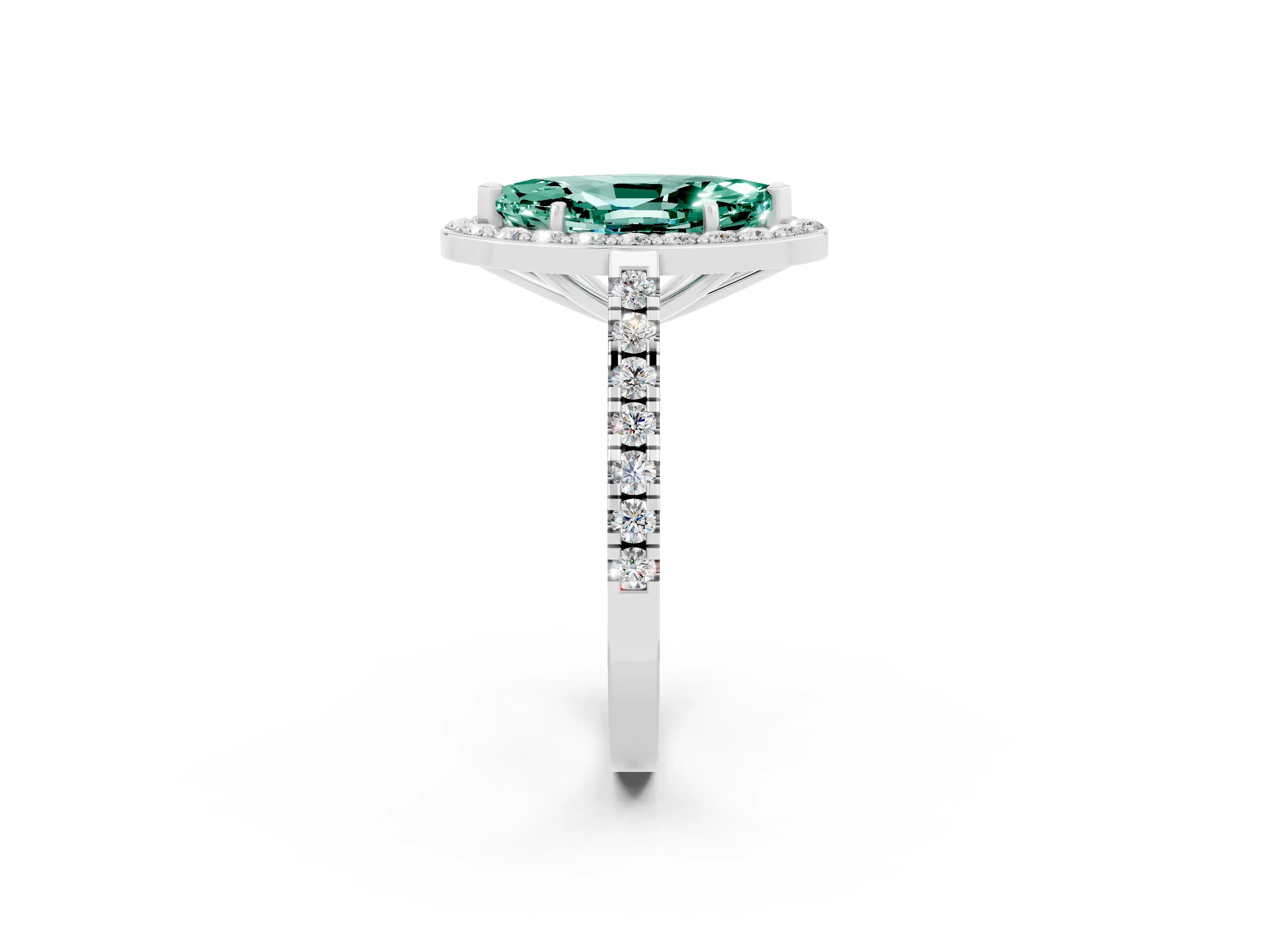 White gold Marquise Cut Halo Diamond Ring with Pavé Band and Three-Prong Setting_2