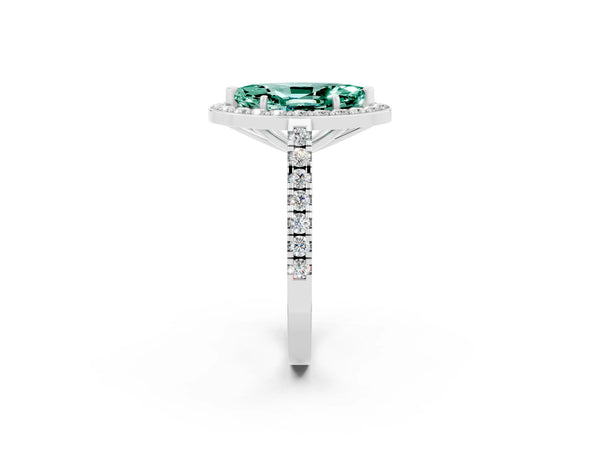 Platinum Marquise Cut Green Sapphire Halo Ring with Round Pavé Split Shank and Prong Setting