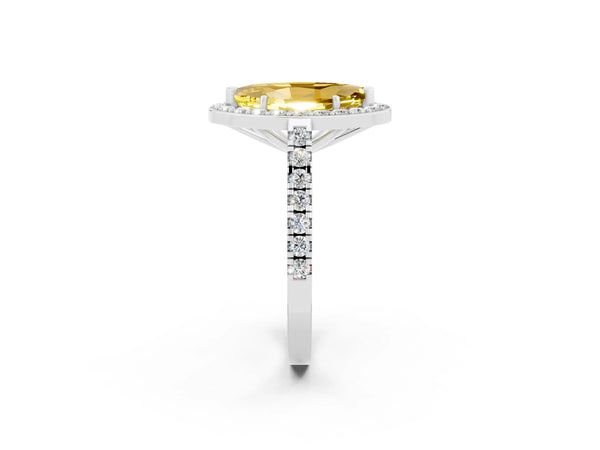 Platinum Marquise Cut Yellow Sapphire Halo Ring with Round Pavé Split Shank and Prong Setting