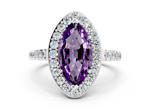 White gold Marquise Cut Halo Diamond Ring with Pavé Band and Three-Prong Setting_30