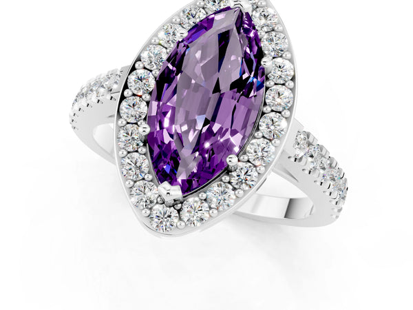 Platinum Marquise Cut Amethyst Halo Ring with Round Pavé Split Shank and Prong Setting