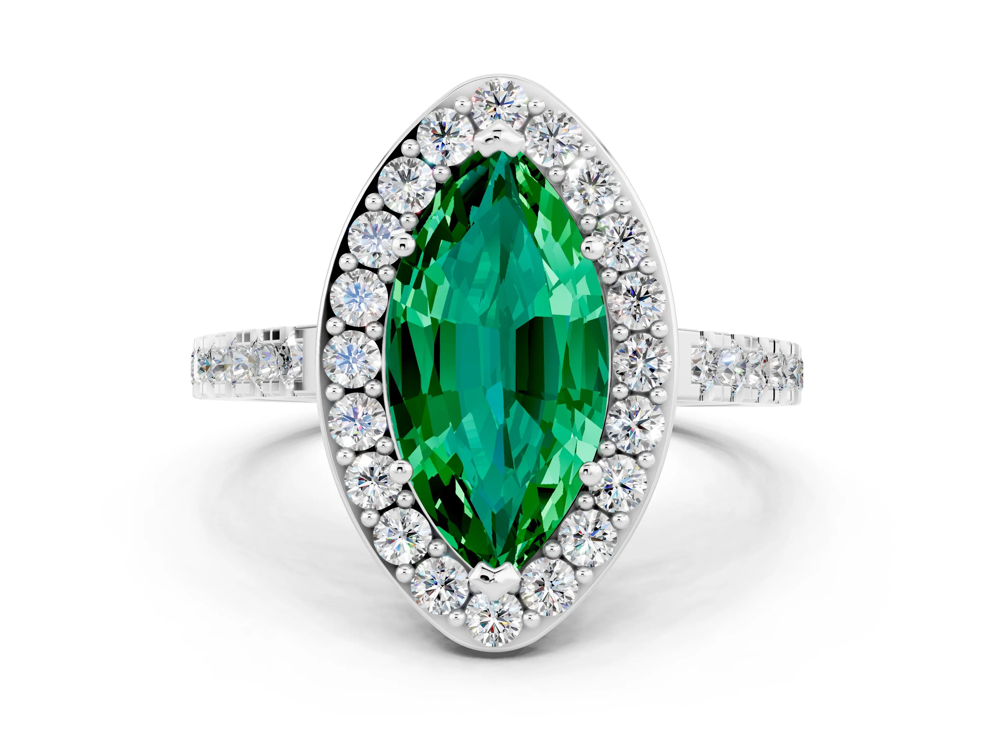 White gold Marquise Cut Halo Diamond Ring with Pavé Band and Three-Prong Setting_33