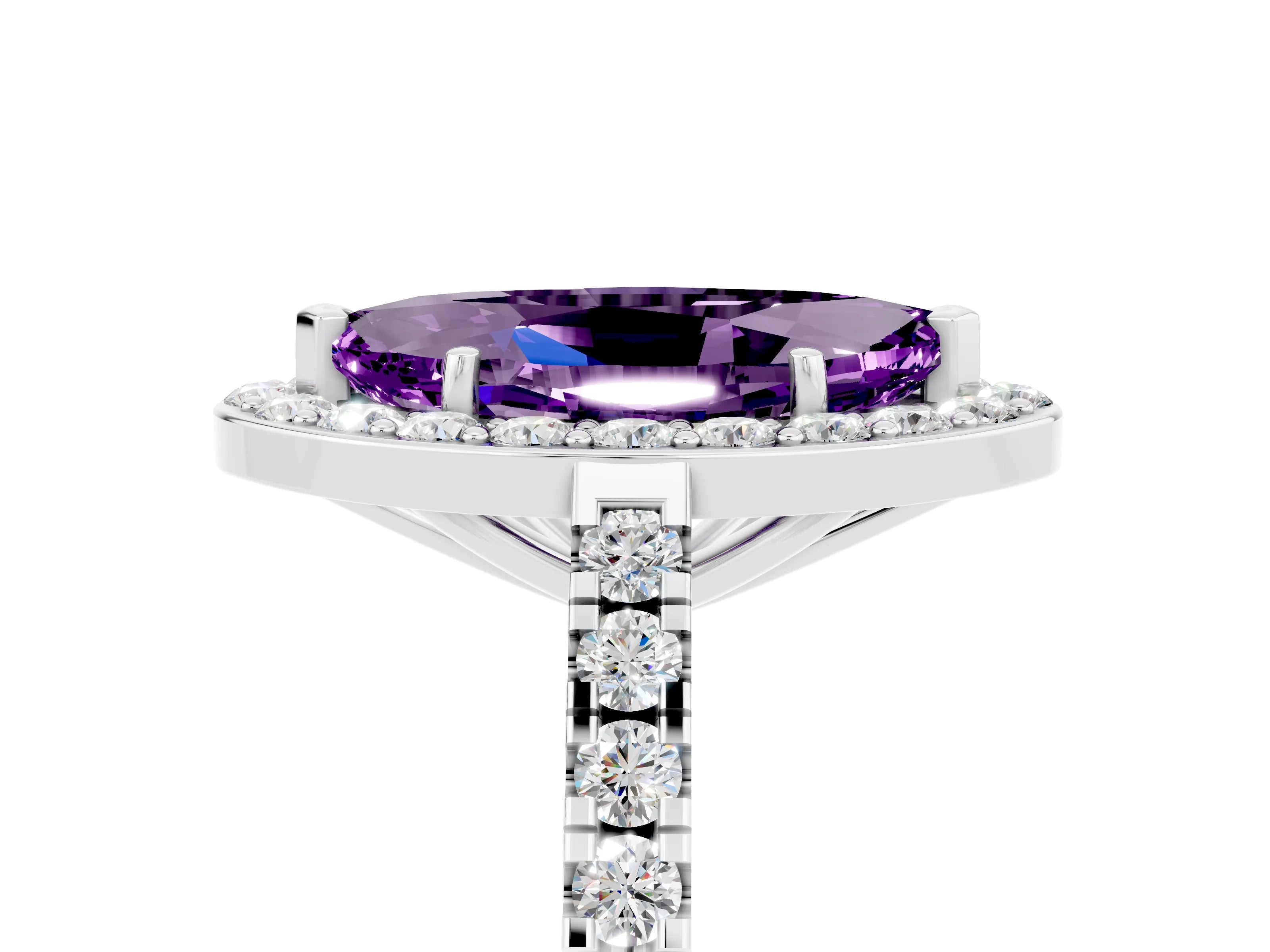 White gold Marquise Cut Halo Diamond Ring with Pavé Band and Three-Prong Setting_33