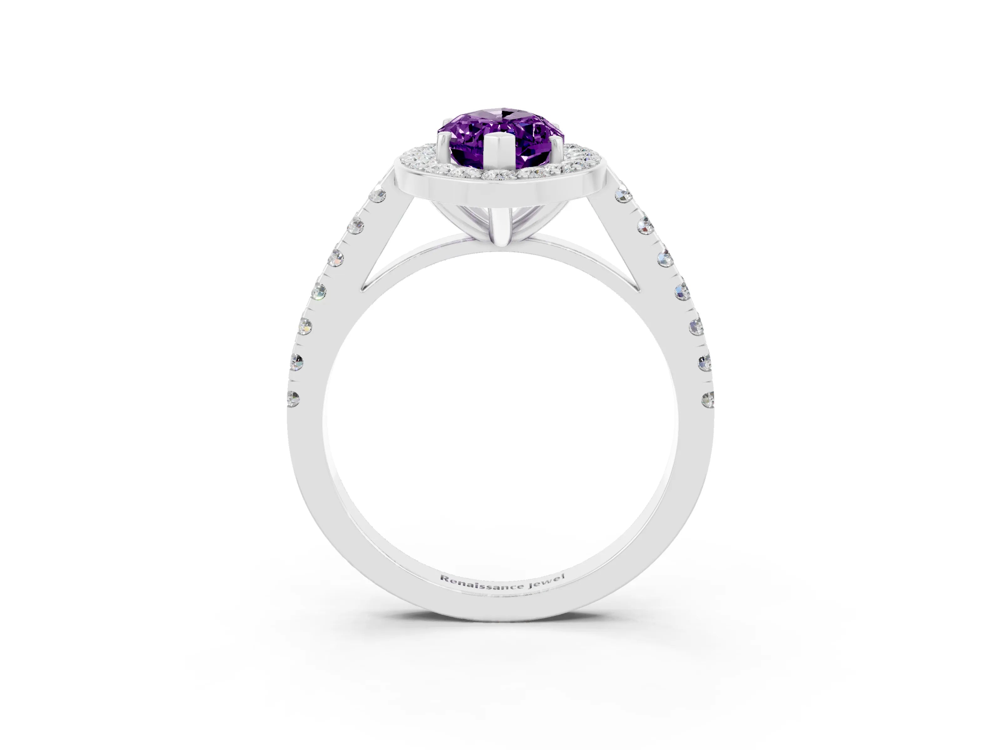 White gold Marquise Cut Halo Diamond Ring with Pavé Band and Three-Prong Setting_34
