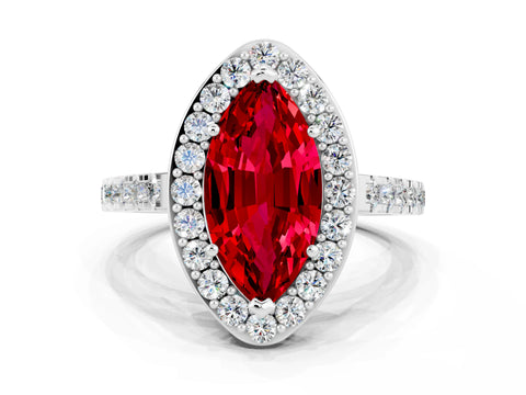 White gold Marquise Cut Halo Diamond Ring with Pavé Band and Three-Prong Setting_36