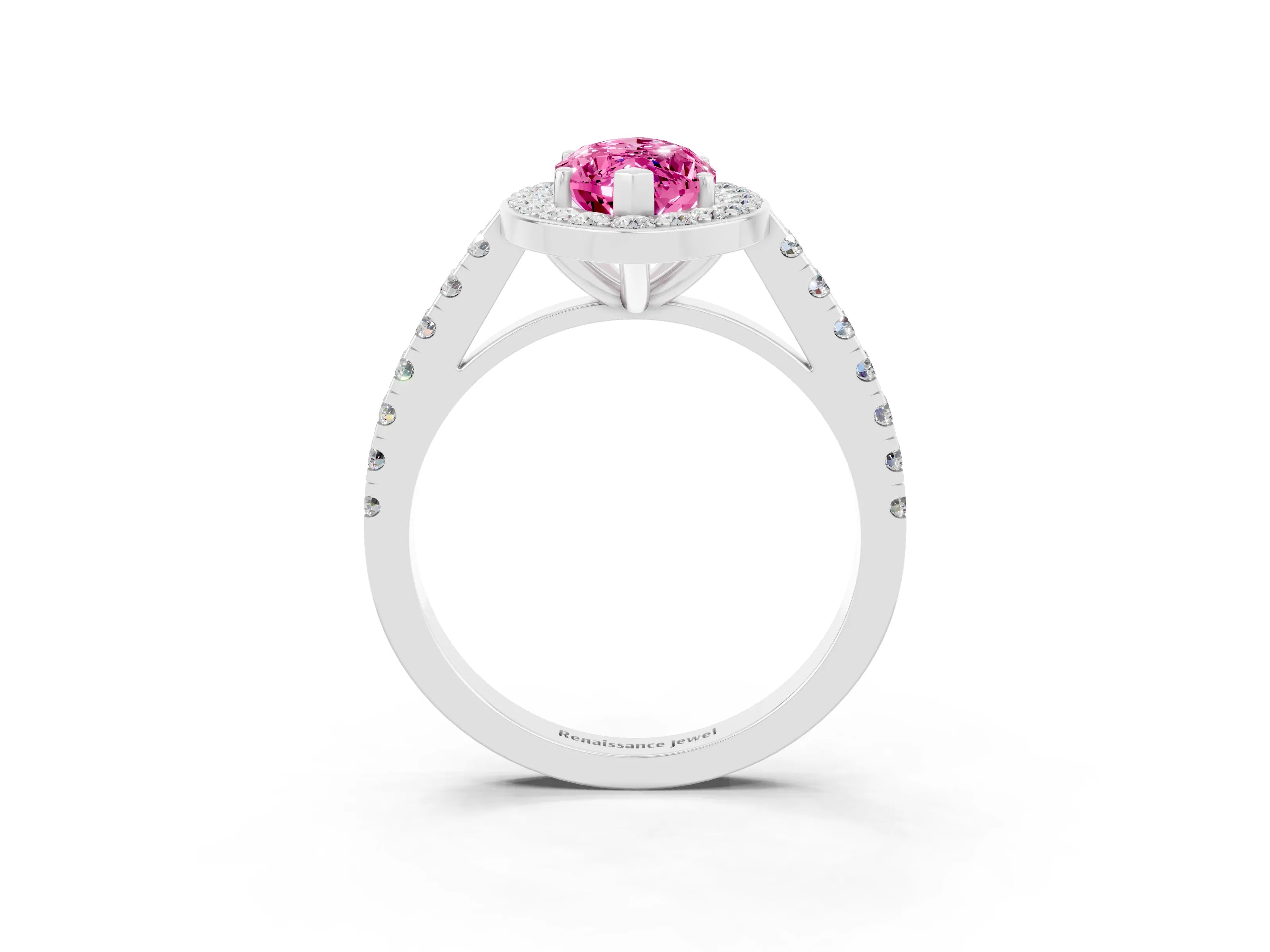 White gold Marquise Cut Halo Diamond Ring with Pavé Band and Three-Prong Setting_3