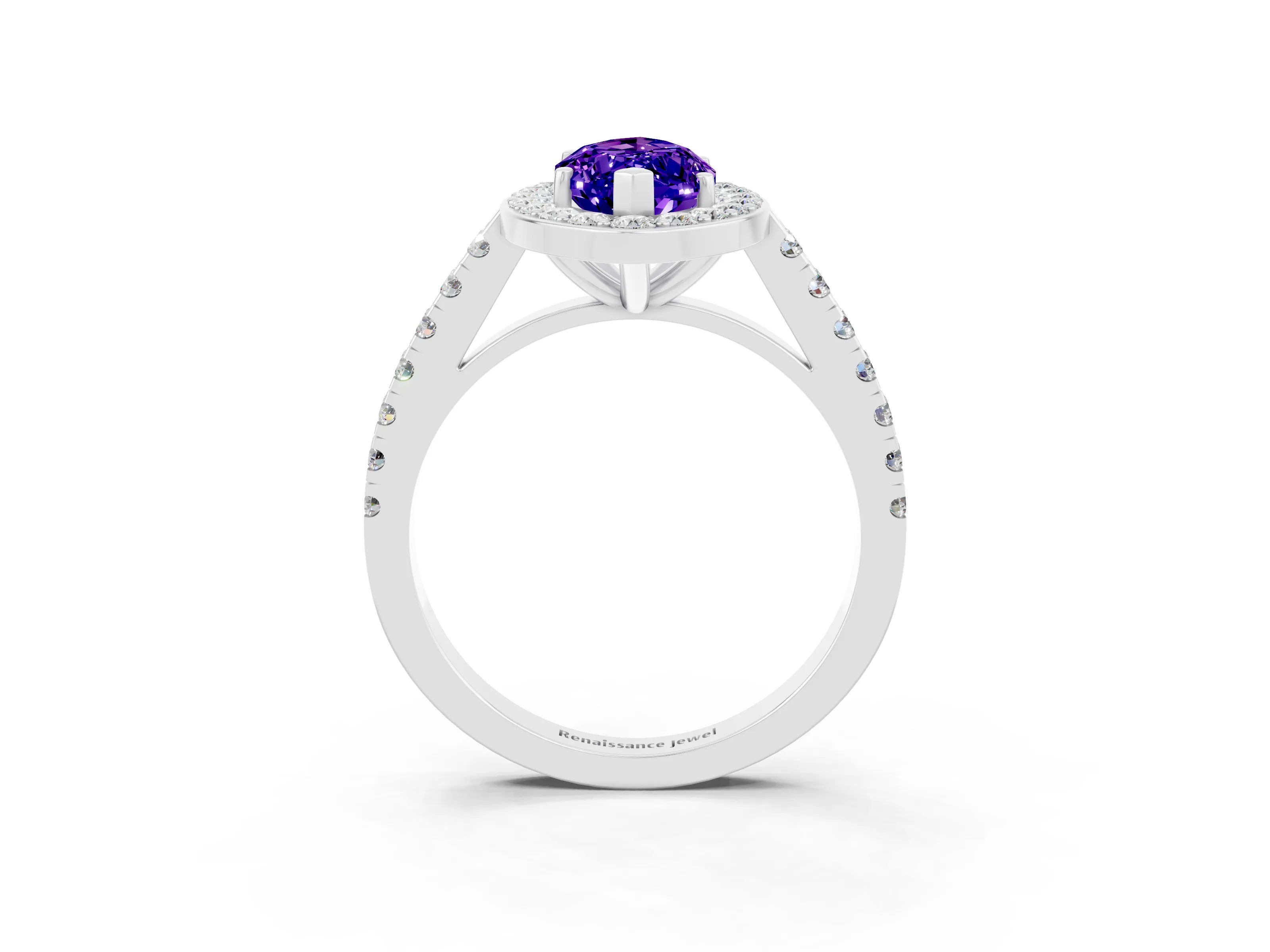 White gold Marquise Cut Halo Diamond Ring with Pavé Band and Three-Prong Setting_3