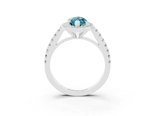 Silver Marquise Cut Halo Diamond Ring with Pavé Band and Three-Prong Setting