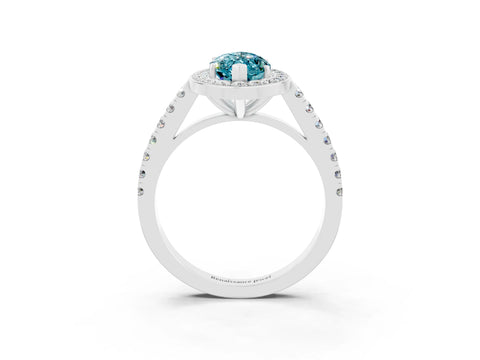 White gold Marquise Cut Halo Diamond Ring with Pavé Band and Three-Prong Setting_3