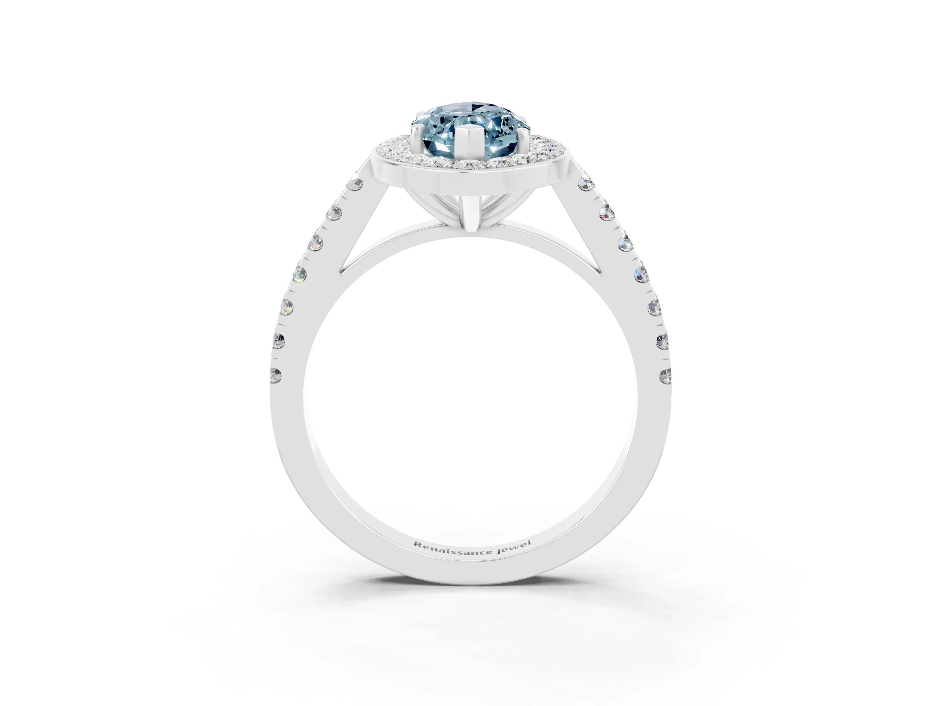 White gold Marquise Cut Halo Diamond Ring with Pavé Band and Three-Prong Setting_3