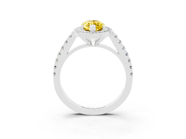 Platinum Marquise Cut Yellow Sapphire Halo Ring with Round Pavé Split Shank and Prong Setting