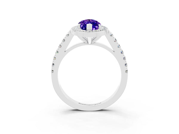 White gold Marquise Cut Tanzanite Halo Ring with Round Pavé Split Shank and Prong Setting