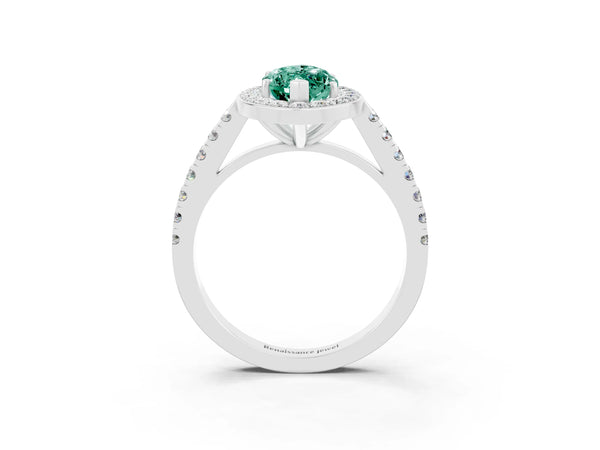 White gold Marquise Cut Green Sapphire Halo Ring with Round Pavé Split Shank and Prong Setting