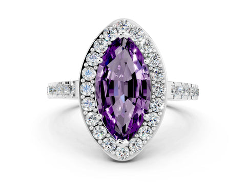 White gold Marquise Cut Halo Diamond Ring with Pavé Band and Three-Prong Setting_40