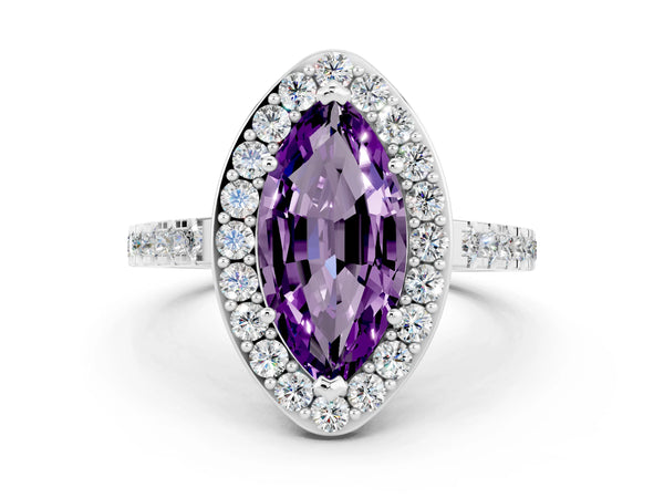Platinum Marquise Cut Amethyst Halo Ring with Round Pavé Split Shank and Prong Setting
