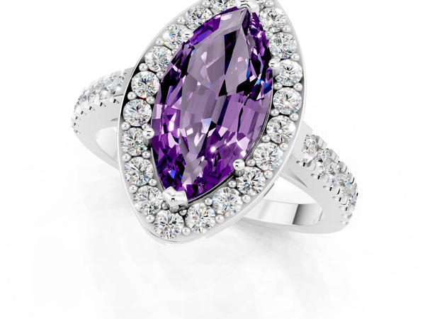 Platinum Marquise Cut Amethyst Halo Ring with Round Pavé Split Shank and Prong Setting