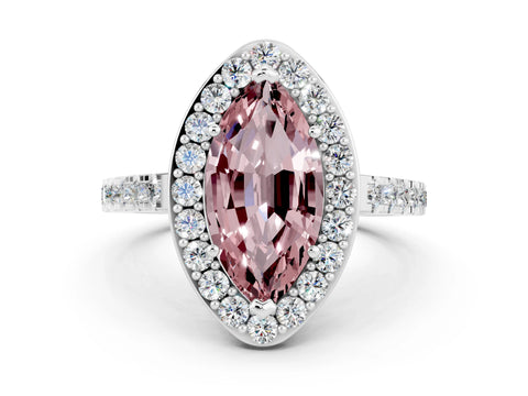 White gold Marquise Cut Halo Diamond Ring with Pavé Band and Three-Prong Setting