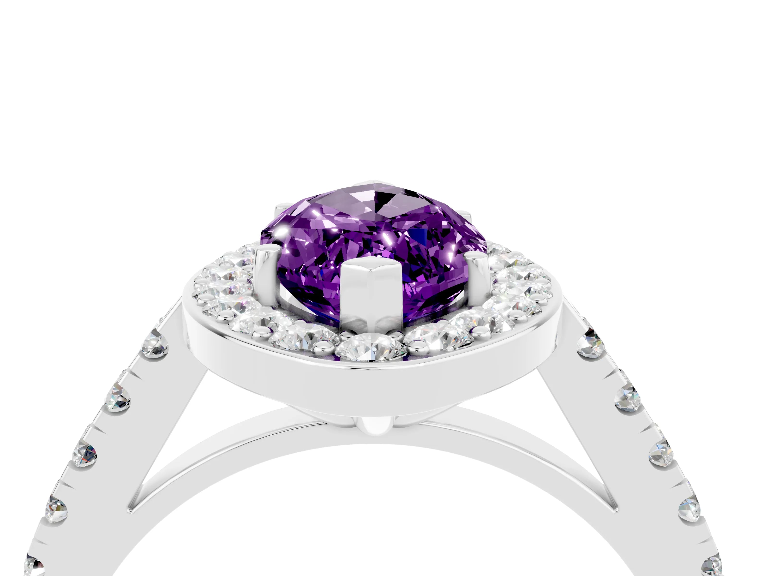 White gold Marquise Cut Halo Diamond Ring with Pavé Band and Three-Prong Setting_44