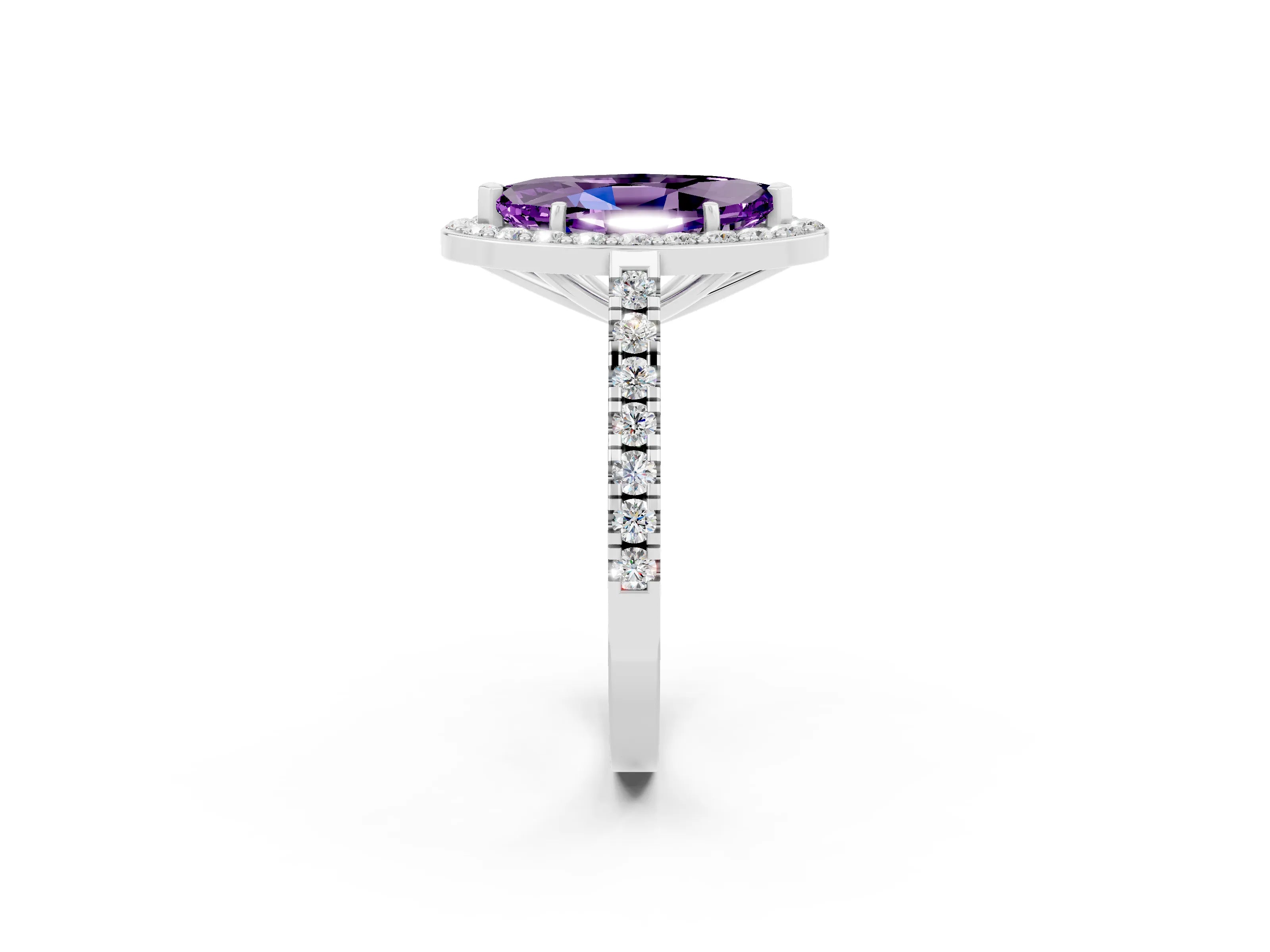 White gold Marquise Cut Halo Diamond Ring with Pavé Band and Three-Prong Setting_45