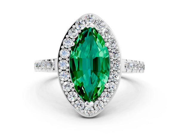 Platinum Marquise Cut Emerald Halo Ring with Round Pavé Split Shank and Prong Setting