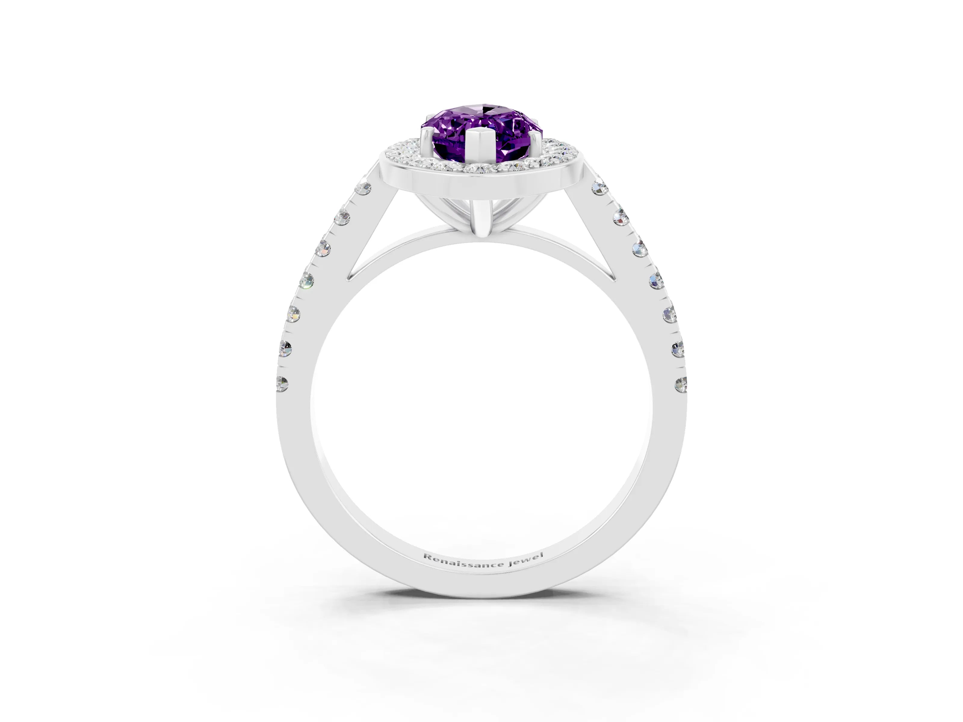 White gold Marquise Cut Halo Diamond Ring with Pavé Band and Three-Prong Setting_45