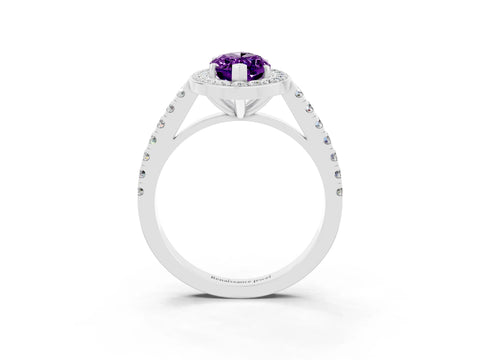 White gold Marquise Cut Halo Diamond Ring with Pavé Band and Three-Prong Setting_46
