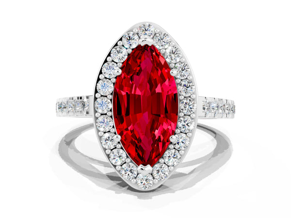 Platinum Marquise Cut Ruby Halo Ring with Round Pavé Split Shank and Prong Setting