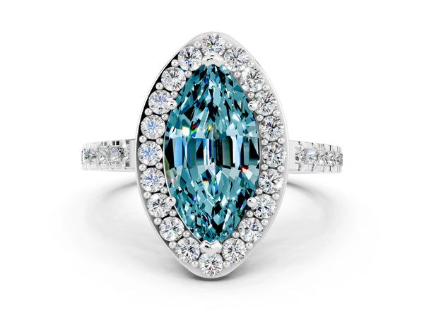 White gold Marquise Cut Halo Diamond Ring with Pavé Band and Three-Prong Setting