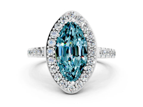 White gold Marquise Cut Halo Diamond Ring with Pavé Band and Three-Prong Setting