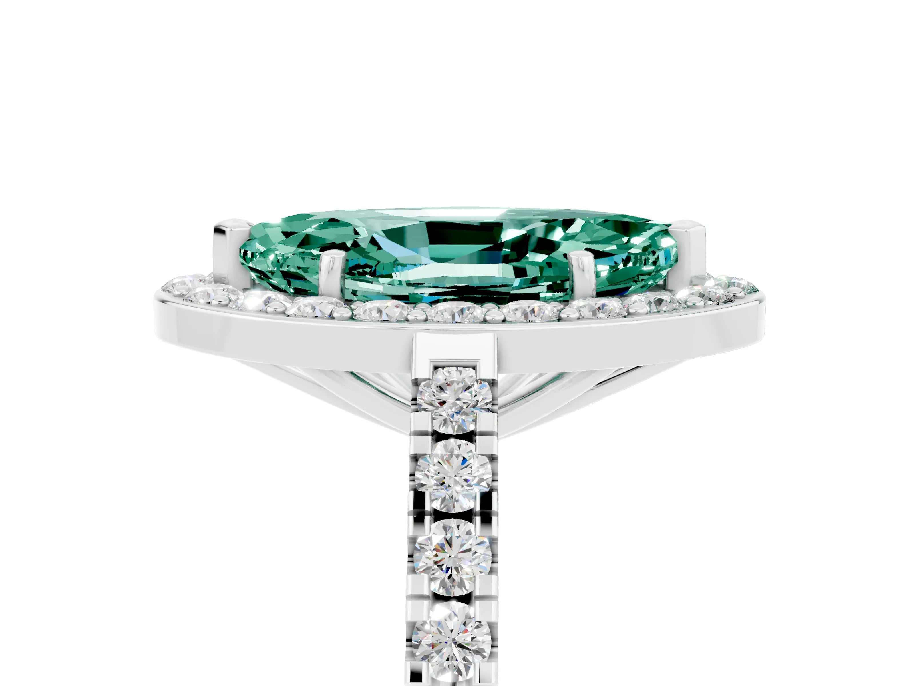 White gold Marquise Cut Halo Diamond Ring with Pavé Band and Three-Prong Setting_5