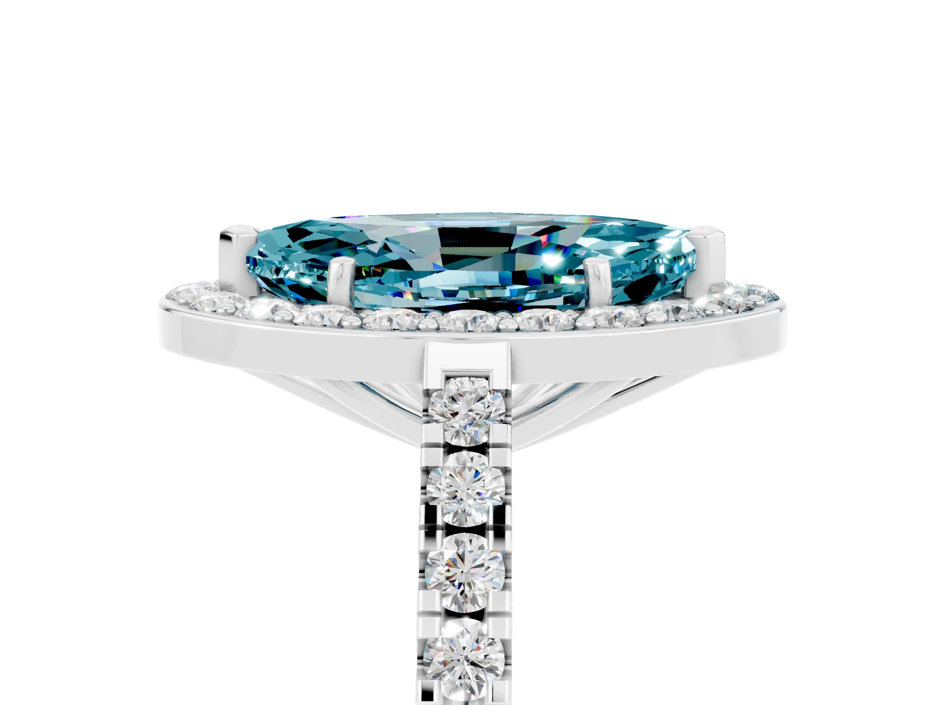 White gold Marquise Cut Halo Diamond Ring with Pavé Band and Three-Prong Setting_5