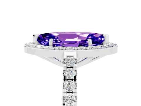 White gold Marquise Cut Halo Diamond Ring with Pavé Band and Three-Prong Setting_5