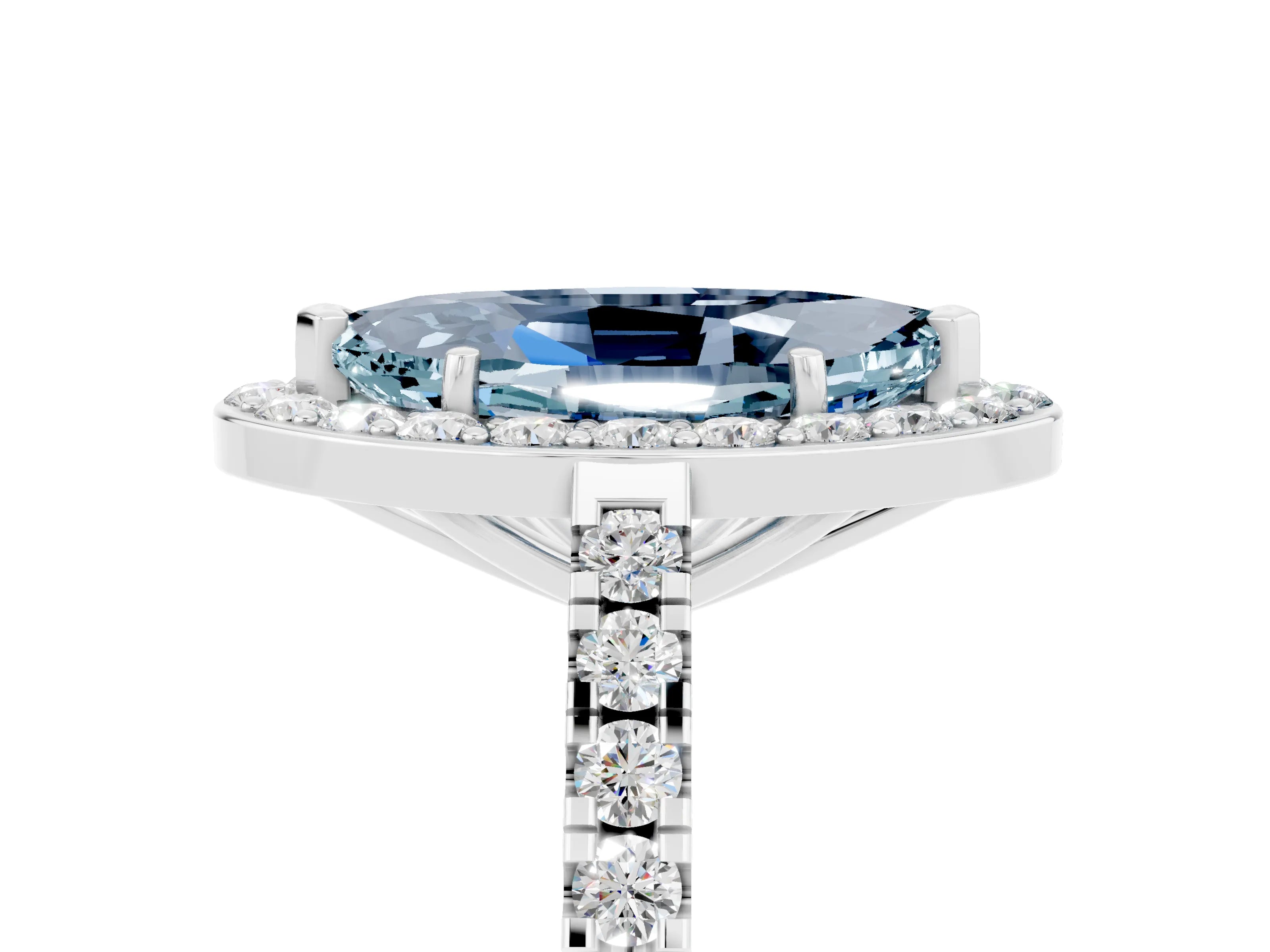White gold Marquise Cut Halo Diamond Ring with Pavé Band and Three-Prong Setting_5