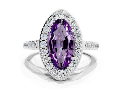 White gold Marquise Cut Halo Diamond Ring with Pavé Band and Three-Prong Setting